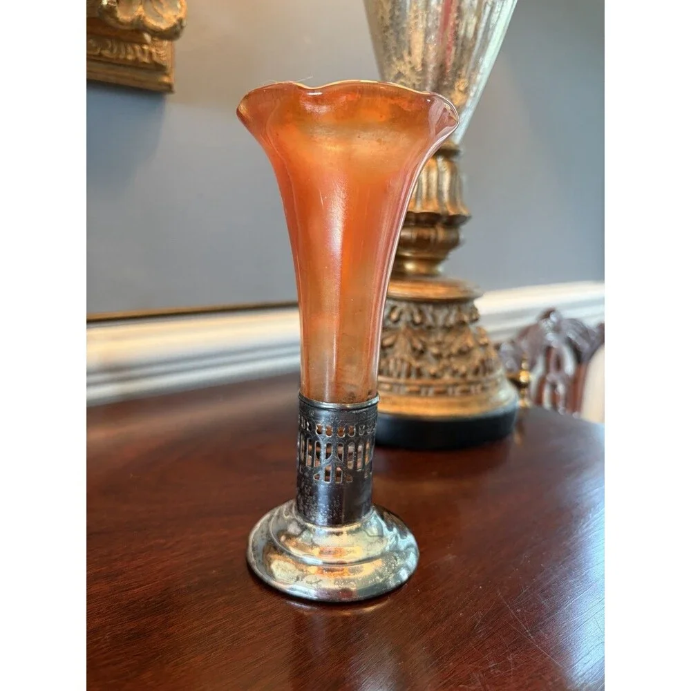 Vintage Art Nouveau Marigold Peach Carnival Glass Bud Flower Vase w/ Metal Stand
